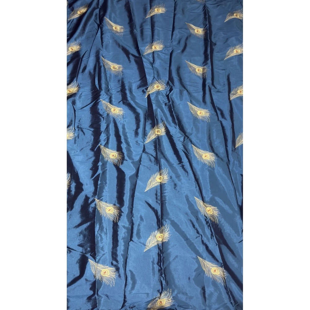 Pier 1 Curtains Peacock Feather Embroidered Teal Blue Satin Pair 84" L  Back Tab